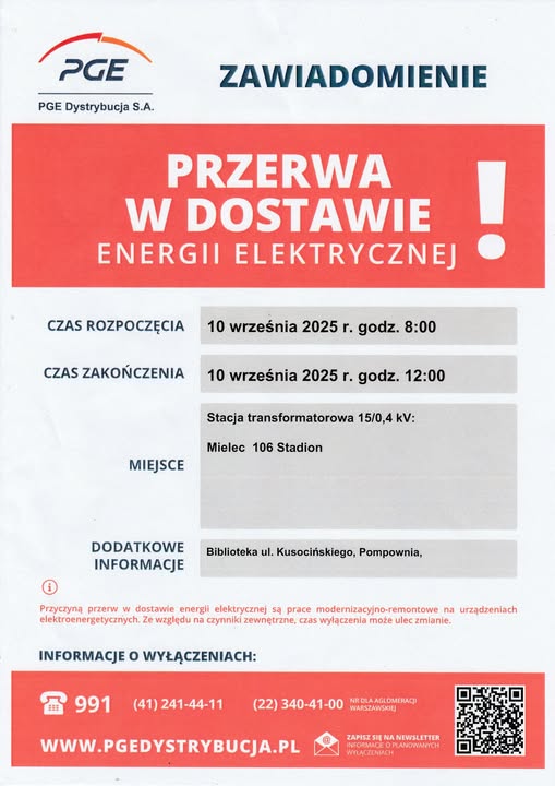 Plakat informacyjny PGE - dotyczy przerwy w dostwie prądu w Bibliotece