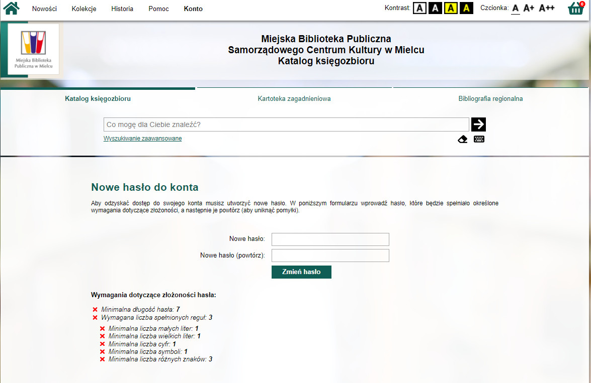 Podstrona w katalogu - utworzenie hasła do konta czytelnika Nowe hasło